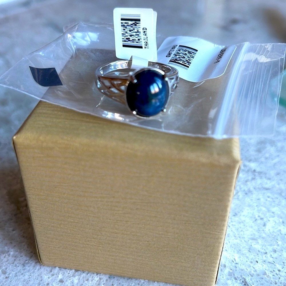 Blue Star Sapphire Sterling Silver Rhodium Plated Ring 6.98ct, Sz 9
